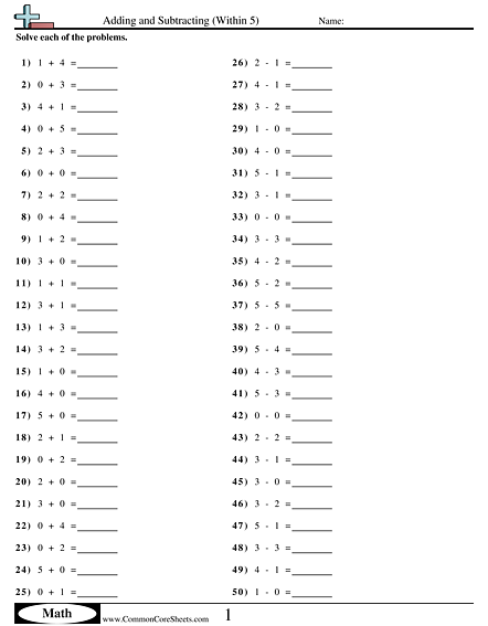 Math Drills Worksheets - Adding and Subtracting (Within 5)  worksheet